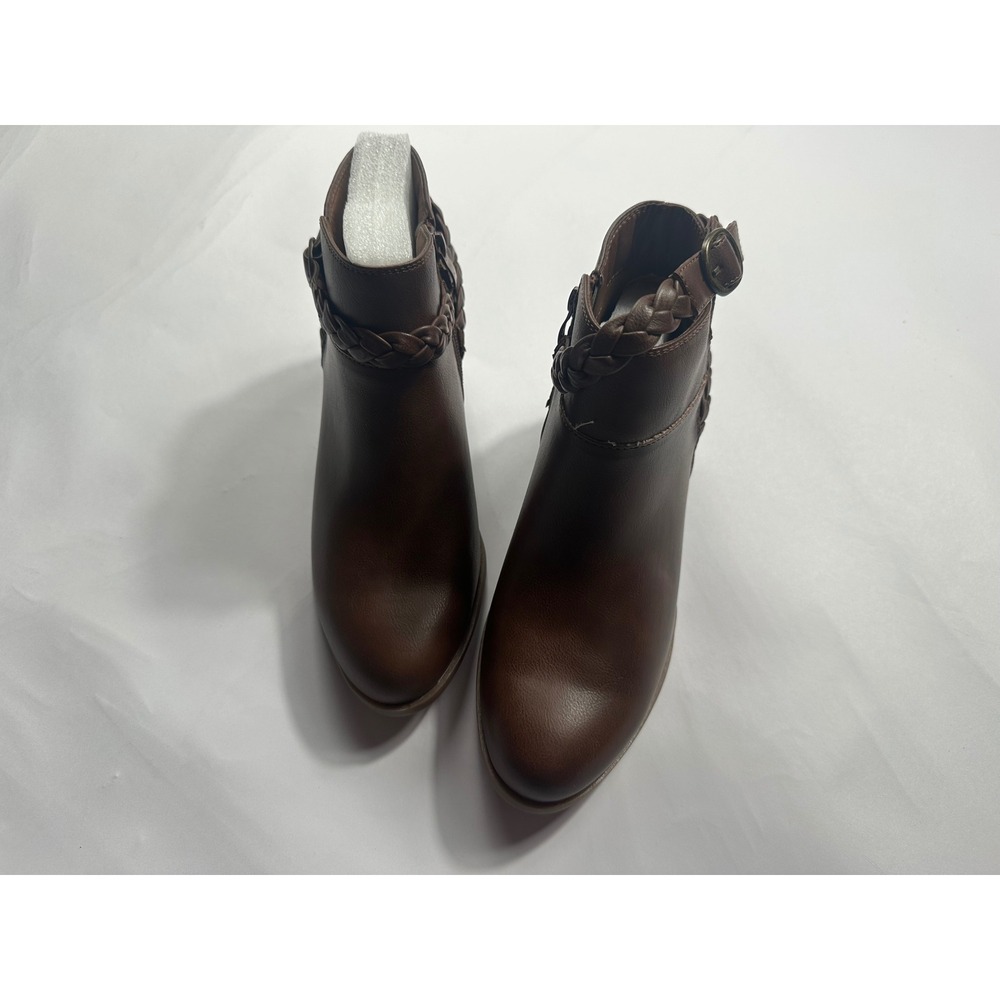 Mysoft Womens Brown Braided Ankle Booties Faux Leather Block Heel‎ Size 7 S-JD06